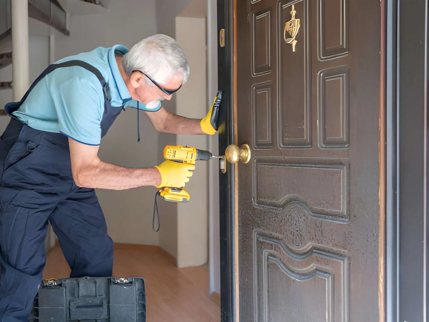 Locksmith changing door locks in a house entrance