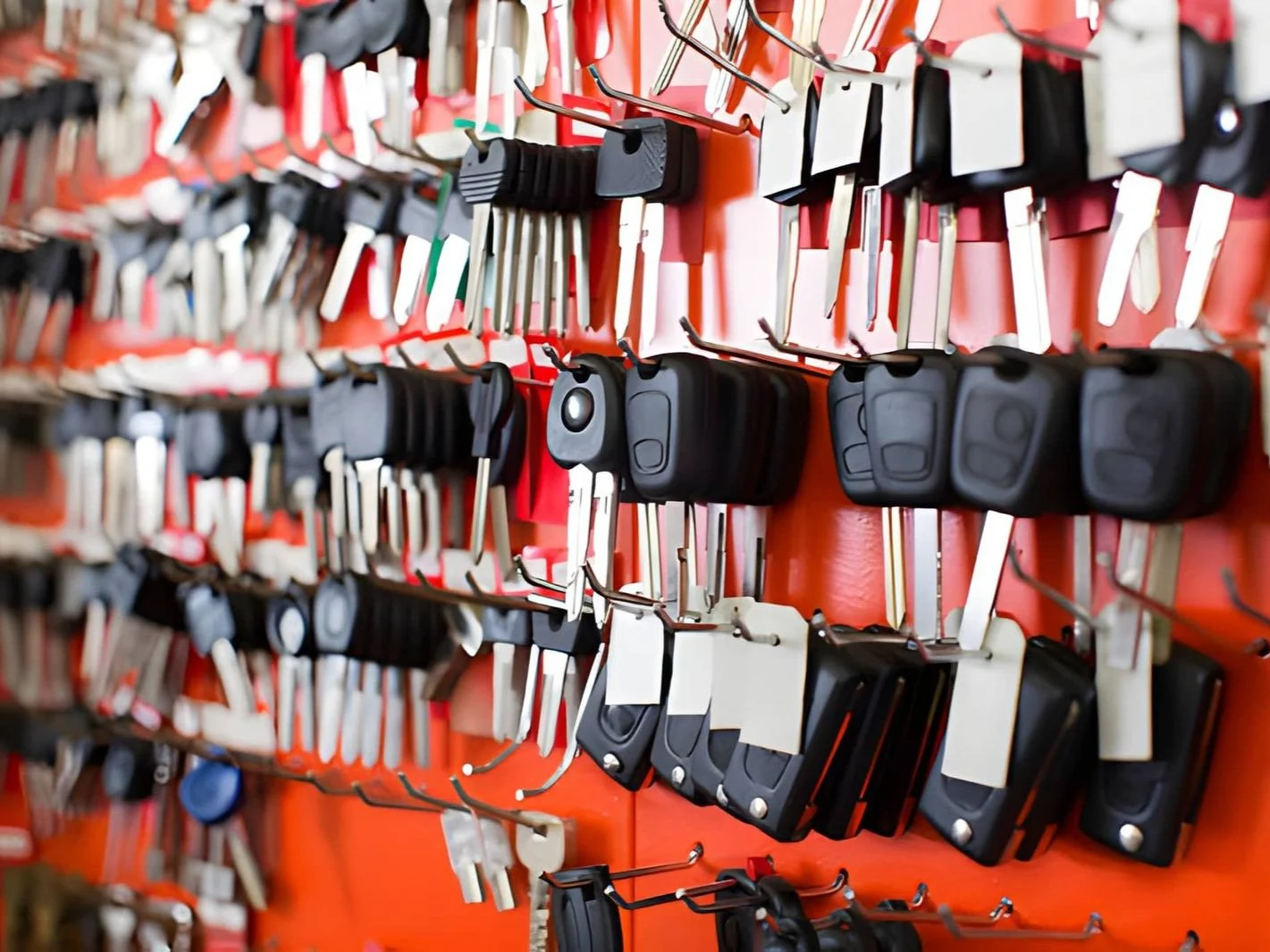 Locksmith stand with car keys on hooks