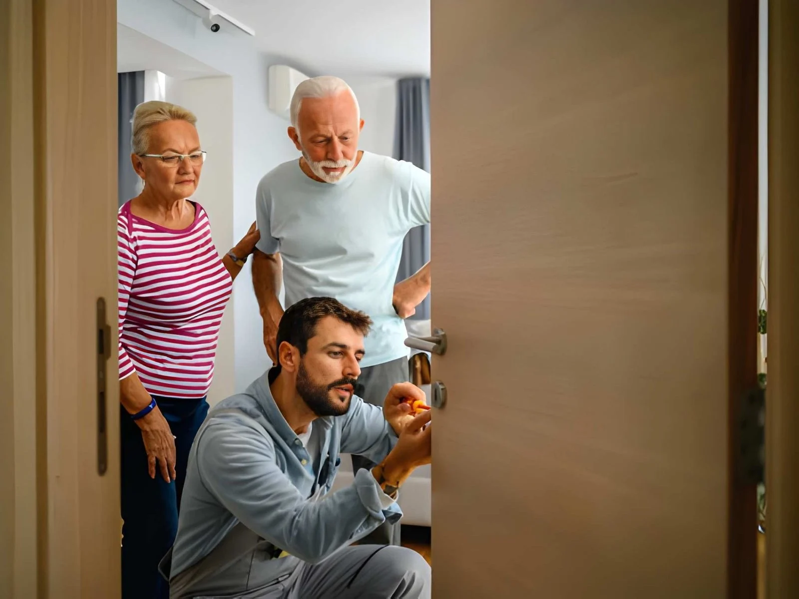 Locksmith working with house door lock using screwdriver 19