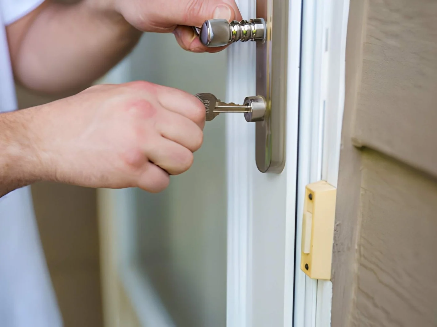 Mens hand opening the door of house