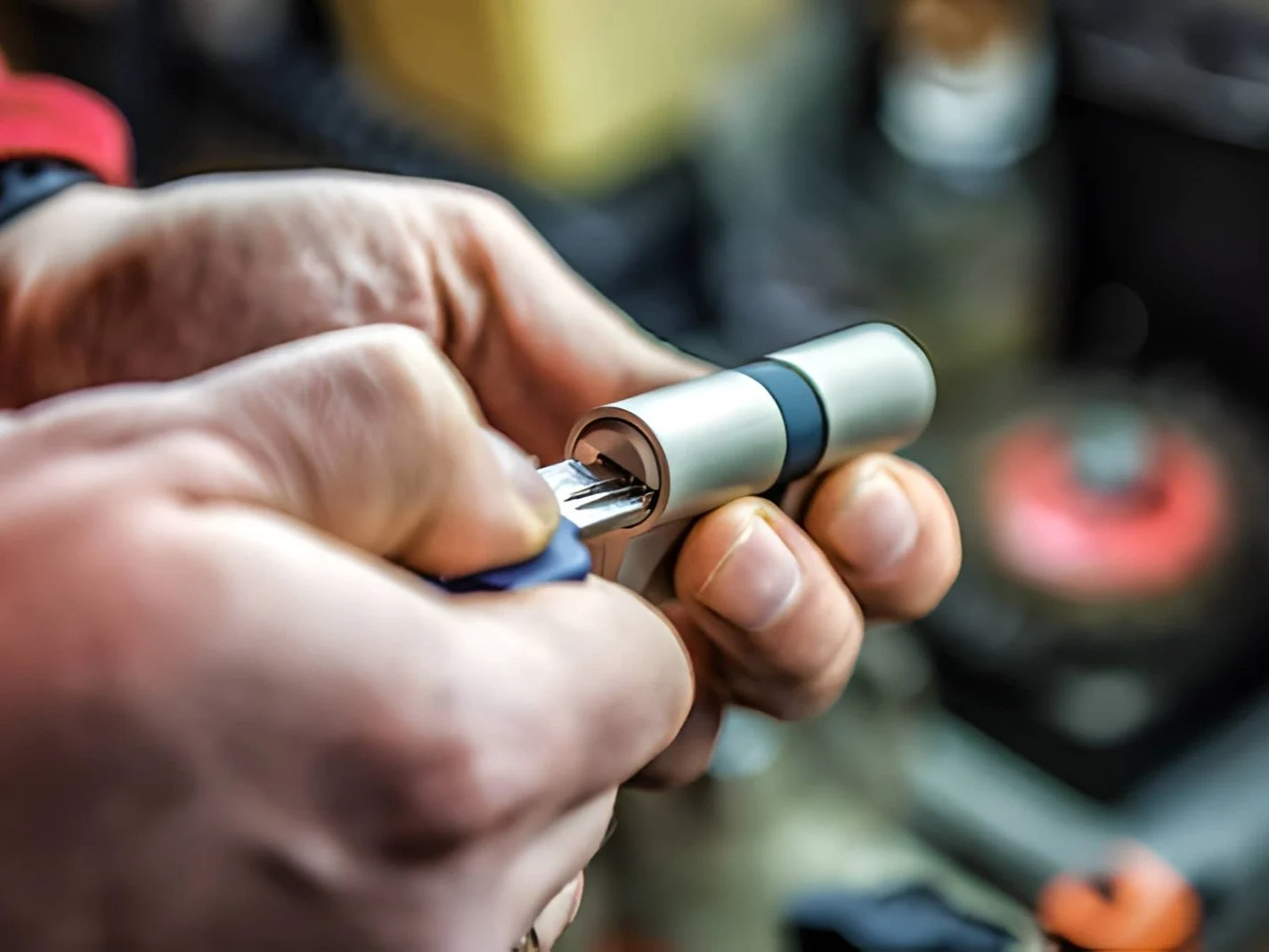 Testing door lock cylinder with key locksmith theme